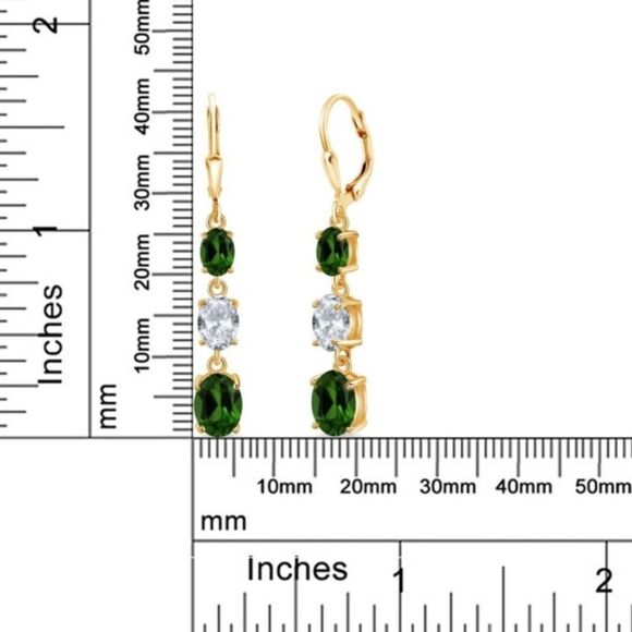 18K Yellow Gold with 5.50 Cttw 3 Stone Green Chrome Diopside and Topaz Earrings - Picture 5 of 5